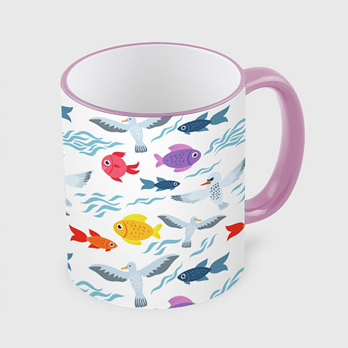 Кружка цветная Рыбы и чайки / 3D-Розовый кант – фото 1