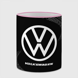Кружка 3D Volkswagen speed на темном фоне со следами шин, цвет: 3D-розовый кант — фото 2