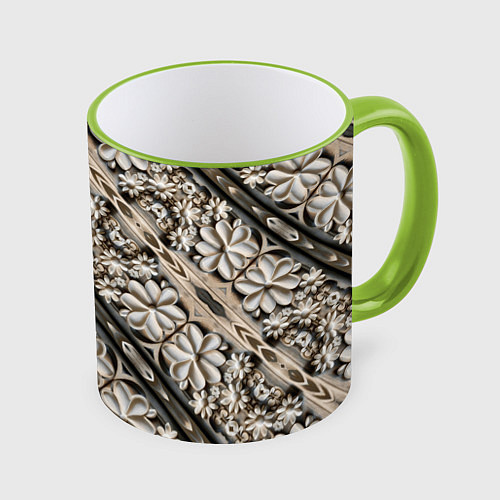 Кружка цветная Бежевые деревянные цветы / 3D-Светло-зеленый кант – фото 1