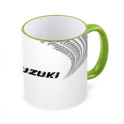 Кружка 3D Suzuki speed на светлом фоне со следами шин: надпи, цвет: 3D-светло-зеленый кант