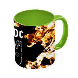Кружка 3D AC DC рок кот и огонь, цвет: 3D-белый + светло-зеленый
