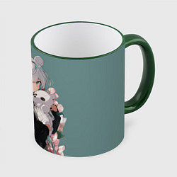 Кружка 3D Нежная девочка аниме с ушками, цвет: 3D-зеленый кант