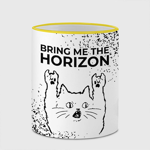 Кружка цветная Bring Me the Horizon рок кот на светлом фоне / 3D-Желтый кант – фото 2