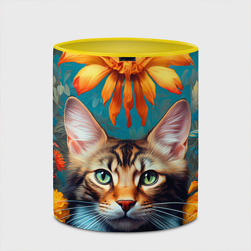 Кружка цветная Дикая кошка в цветах / 3D-Белый + желтый – фото 2