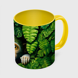 Кружка 3D Маленькая обезьянка в листьях, цвет: 3D-белый + желтый