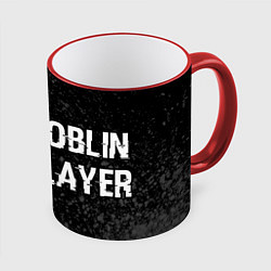 Кружка 3D Goblin Slayer glitch на темном фоне: надпись и сим, цвет: 3D-красный кант