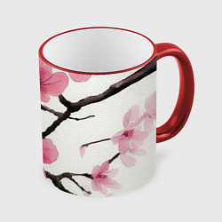 Кружка 3D Цветы и ветви японской сакуры - текстура холста, цвет: 3D-красный кант
