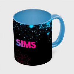 Кружка 3D The Sims - neon gradient: надпись и символ, цвет: 3D-белый + небесно-голубой