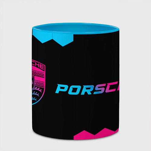 Кружка цветная Porsche - neon gradient: надпись и символ / 3D-Белый + небесно-голубой – фото 2