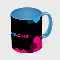 Кружка 3D Porsche - neon gradient: надпись и символ, цвет: 3D-белый + небесно-голубой