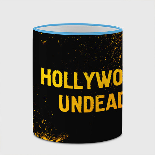 Кружка цветная Hollywood Undead - gold gradient: надпись и символ / 3D-Небесно-голубой кант – фото 2