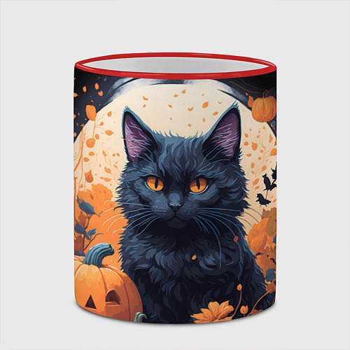 Кружка цветная Котик и тыквы - хеллоуин / 3D-Красный кант – фото 2