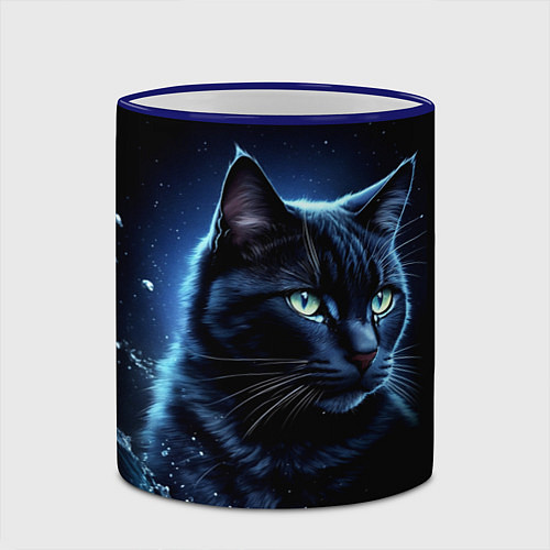 Кружка цветная Черный кот - брызги воды / 3D-Синий кант – фото 2