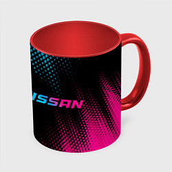 Кружка 3D Nissan - neon gradient: надпись и символ, цвет: 3D-белый + красный