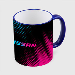 Кружка 3D Nissan - neon gradient: надпись и символ, цвет: 3D-синий кант