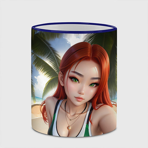 Кружка цветная Девушка с рыжими волосами на пляже / 3D-Синий кант – фото 2