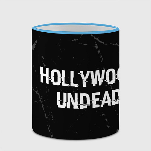 Кружка цветная Hollywood Undead glitch на темном фоне: надпись и / 3D-Небесно-голубой кант – фото 2