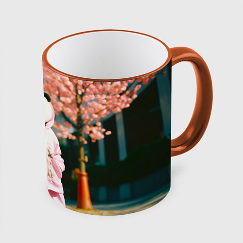 Кружка цветная Милая панда в пуховике / 3D-Оранжевый кант – фото 1