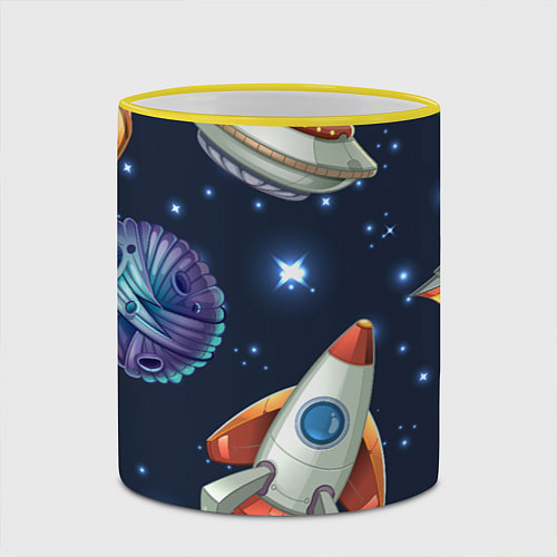 Кружка цветная Космические корабли и планеты / 3D-Желтый кант – фото 2