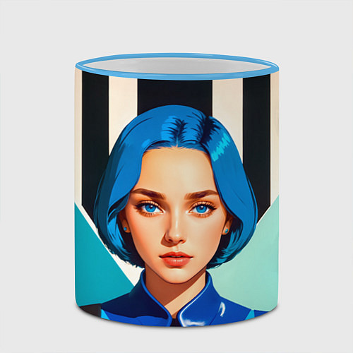 Кружка цветная Девушка в рубашке с синими волосами / 3D-Небесно-голубой кант – фото 2