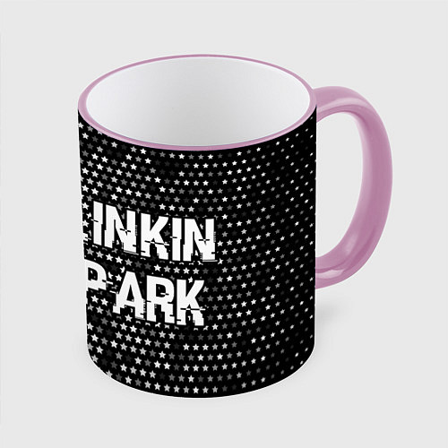Кружка цветная Linkin Park glitch на темном фоне: надпись и симво / 3D-Розовый кант – фото 1
