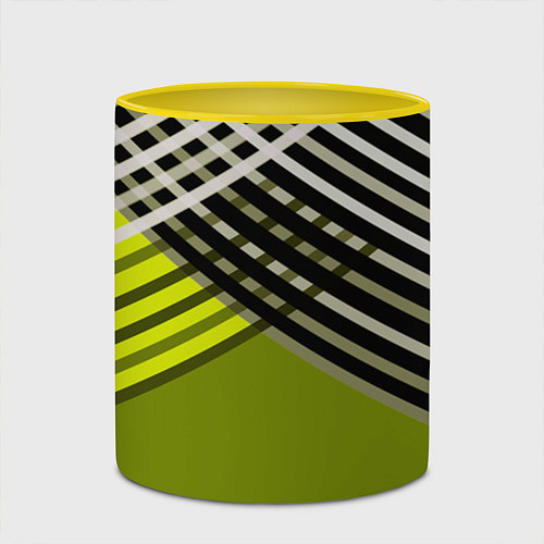 Кружка цветная Косые черно-белые полосы на оливковом фоне / 3D-Белый + желтый – фото 2