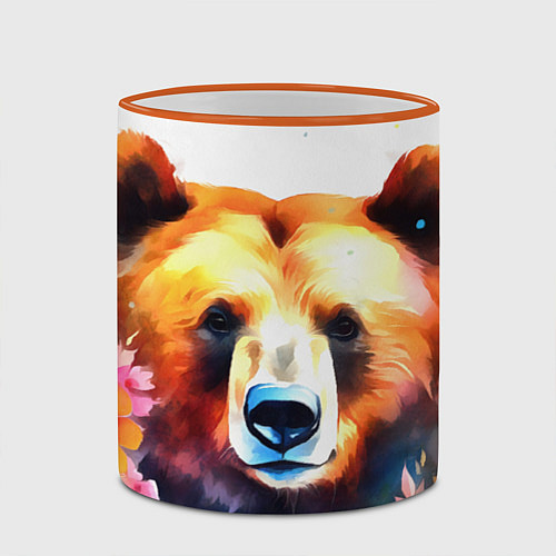 Кружка цветная Морда медведя гризли с цветами акварелью / 3D-Оранжевый кант – фото 2