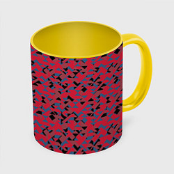 Кружка 3D Черные и синие треугольники на красном, цвет: 3D-белый + желтый