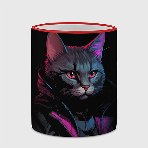 Кружка цветная Кот в стиле киберпанк / 3D-Красный кант – фото 2