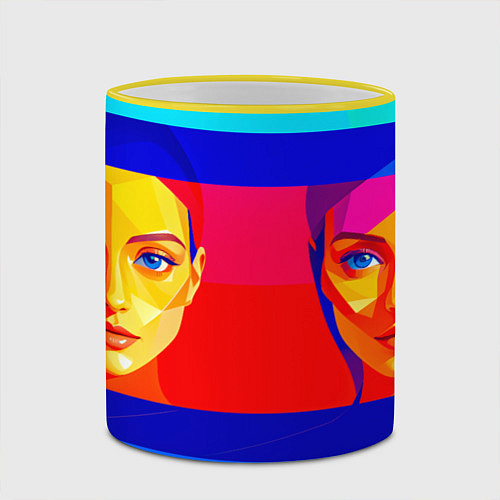Кружка цветная Две голубоглазые девушки в прямоугольной рамке / 3D-Желтый кант – фото 2