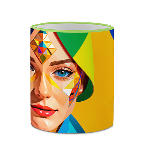 Кружка цветная Девушка лицо с ромбическим орнаментом / 3D-Светло-зеленый кант – фото 2