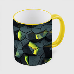 Кружка 3D Черная текстура с зелеными камнями, цвет: 3D-желтый кант
