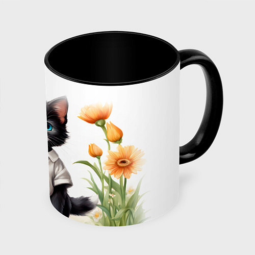 Кружка цветная Котенок на цветочной поляне / 3D-Белый + черный – фото 1