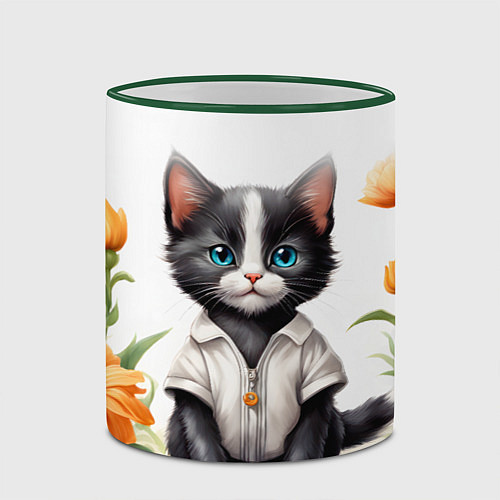 Кружка цветная Котенок на цветочной поляне / 3D-Зеленый кант – фото 2