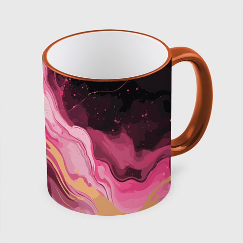 Кружка цветная Абстрактный черно-розовый мраморный узор / 3D-Оранжевый кант – фото 1