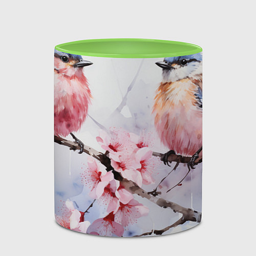 Кружка цветная Птицы в ветвях сакуры акварель / 3D-Белый + светло-зеленый – фото 2