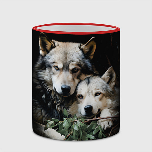 Кружка цветная Волчица с маленьким волчонком / 3D-Красный кант – фото 2