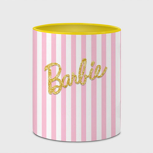 Кружка цветная Barbie - золотая надпись и бело-розовые полосы / 3D-Белый + желтый – фото 2