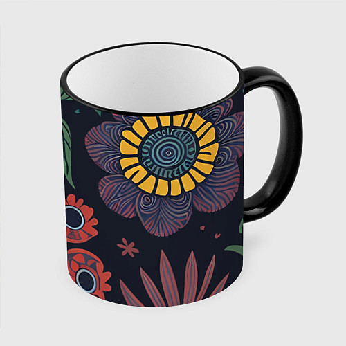 Кружка цветная Простые цветы на глубоком синем / 3D-Черный кант – фото 1