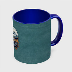 Кружка 3D Ретро мотоцикл на фоне гор, цвет: 3D-белый + синий