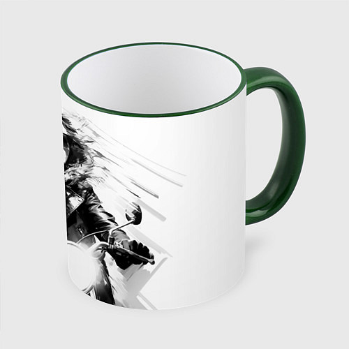 Кружка цветная Девушка на ретро мотоцикле / 3D-Зеленый кант – фото 1