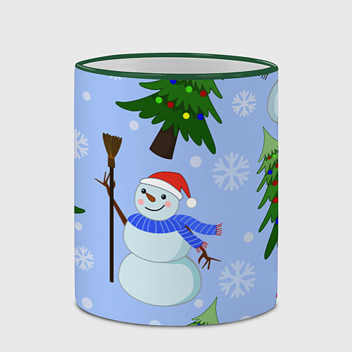Кружка цветная Снеговики с новогодними елками паттерн / 3D-Зеленый кант – фото 2