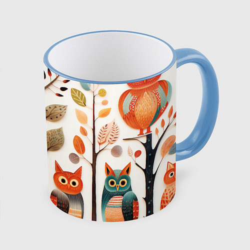 Кружка цветная Совы в осеннем лесу в стиле фолк-арт / 3D-Небесно-голубой кант – фото 1