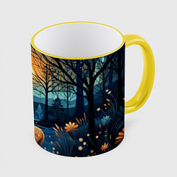 Кружка 3D Олень в ночном лесу фолк-арт, цвет: 3D-желтый кант
