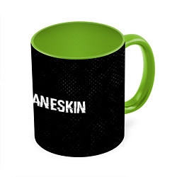 Кружка 3D Maneskin glitch на темном фоне по-горизонтали, цвет: 3D-белый + светло-зеленый