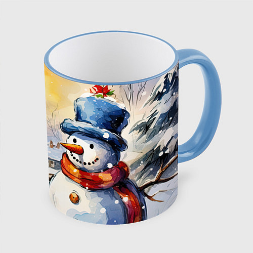 Кружка цветная Снеговик новый год / 3D-Небесно-голубой кант – фото 1