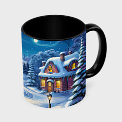Кружка 3D Новогодняя ночь в деревушке, цвет: 3D-белый + черный