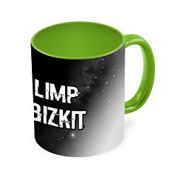 Кружка 3D Limp Bizkit glitch на темном фоне по-горизонтали, цвет: 3D-белый + светло-зеленый