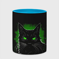 Кружка 3D Портрет черного кота в зеленом свечении, цвет: 3D-белый + небесно-голубой — фото 2