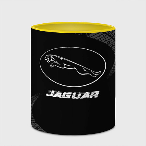 Кружка цветная Jaguar speed на темном фоне со следами шин / 3D-Белый + желтый – фото 2